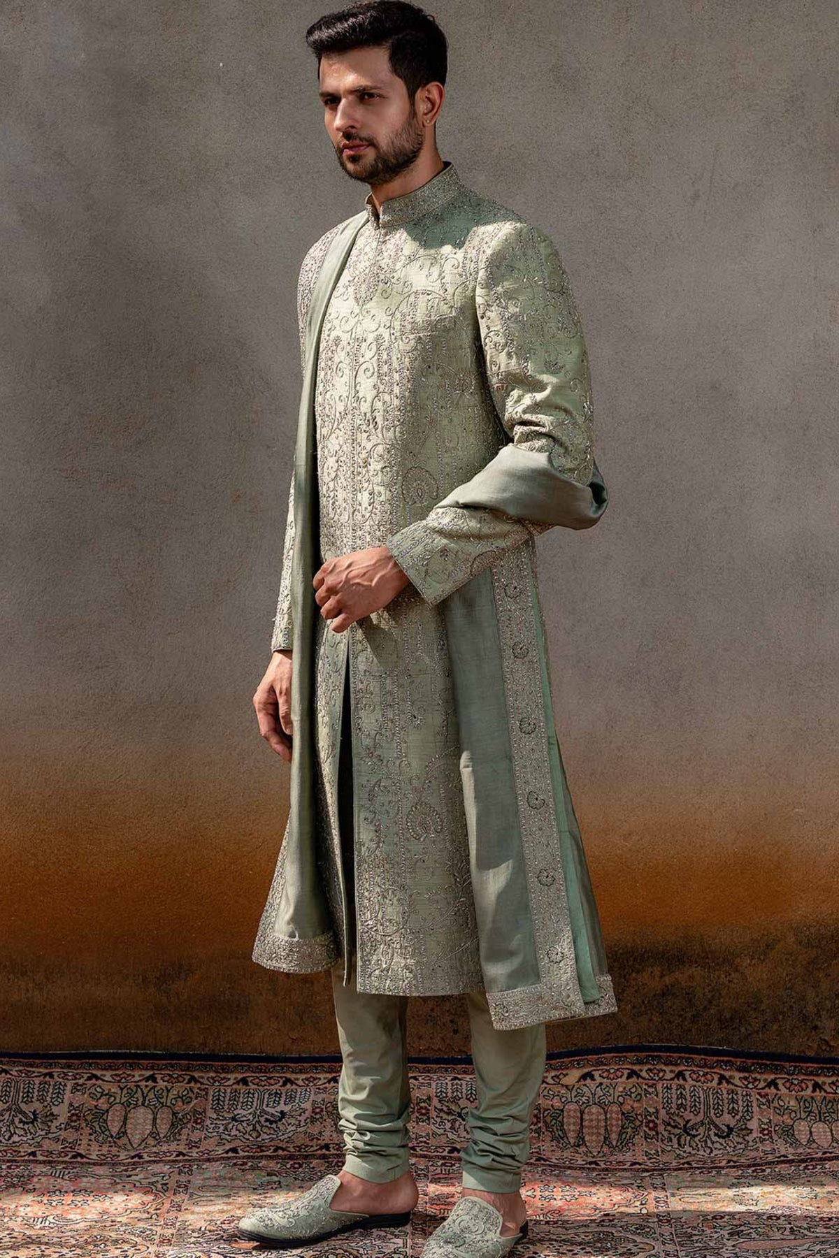 Mint Green Embroidered Sherwani Set