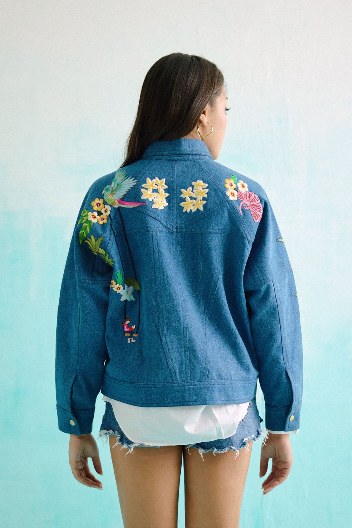 Denim Embroidered Floral Biker Jacket