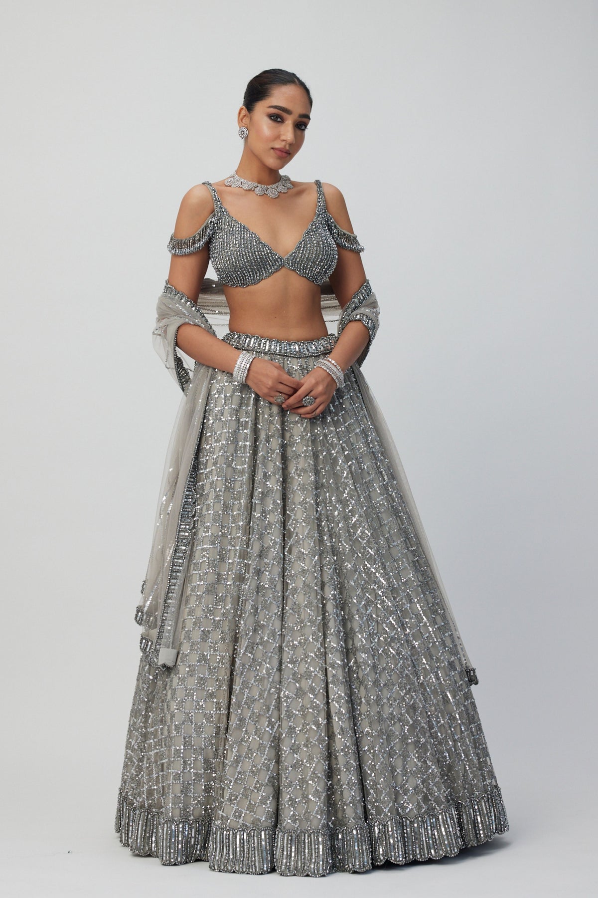 Crystal Grey Embroidered Lehenga Set