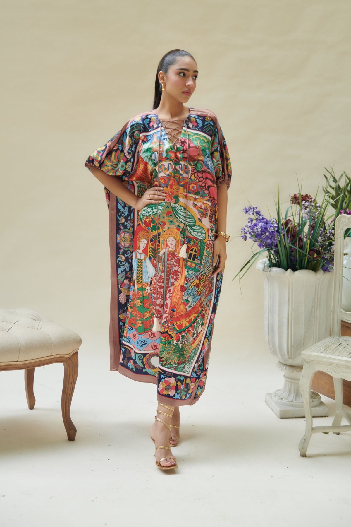 Multicolor V Neck Long Kaftan