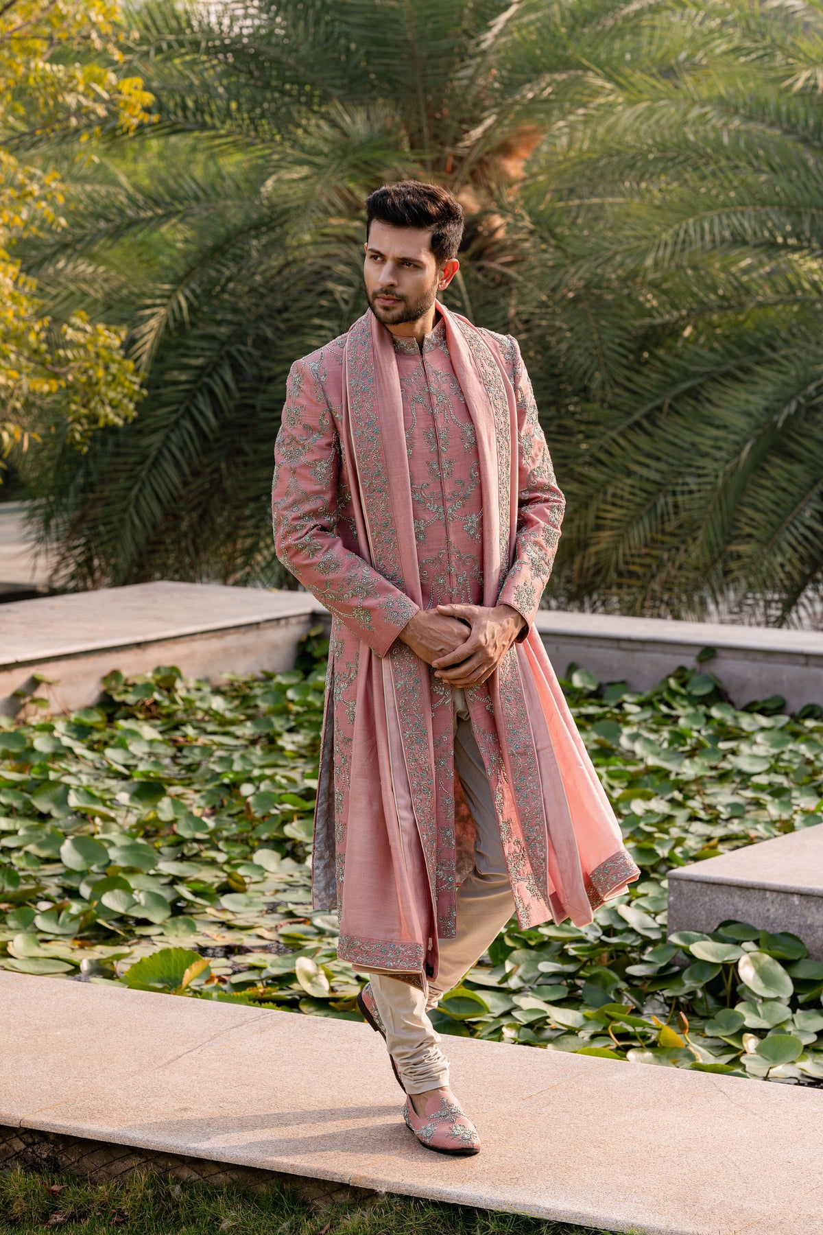 Peach Embroidered Sherwani Set