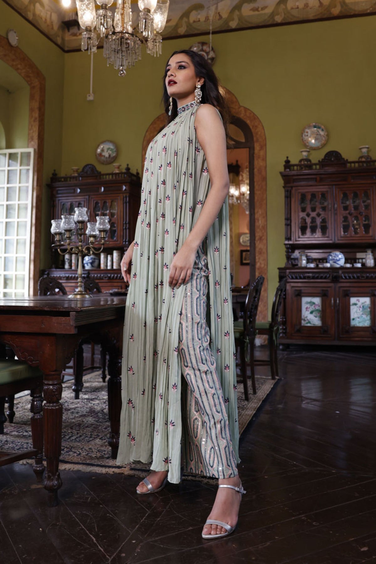 Sage Gathered Kurta with Embroidered Bustier and Pant