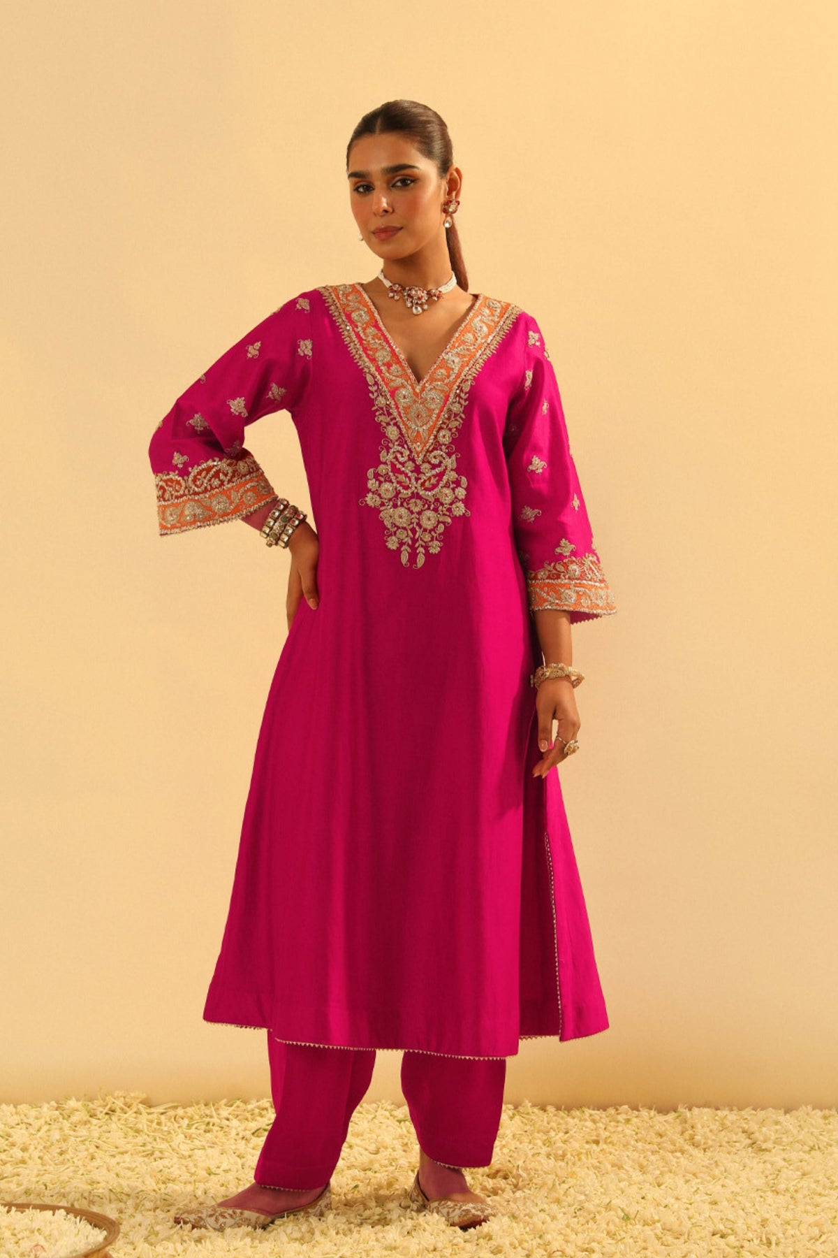 Alima Pink Long A-line Choga With Salwar