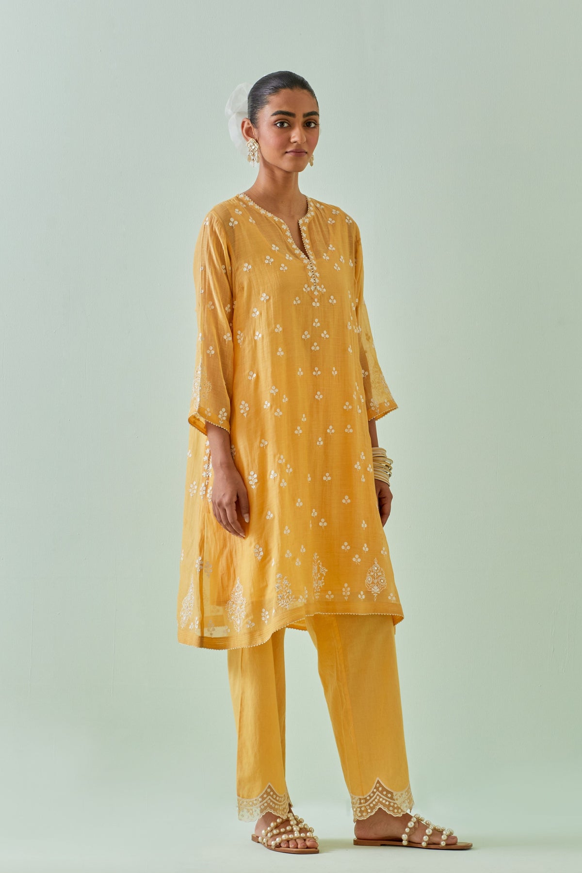 Yellow Embroidered Kalidar Kurta Set