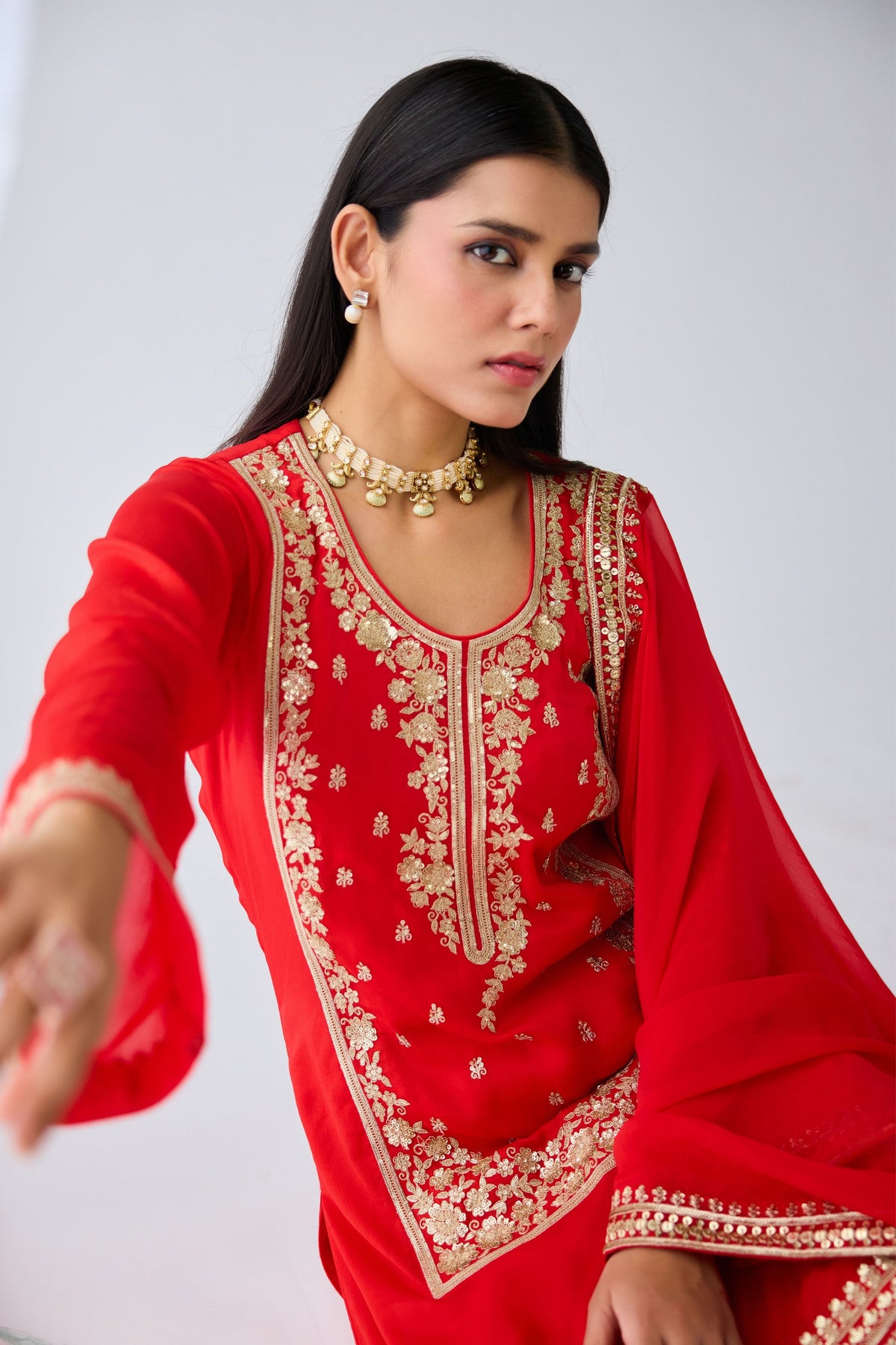 Red Zari Work Organza Sharara Set