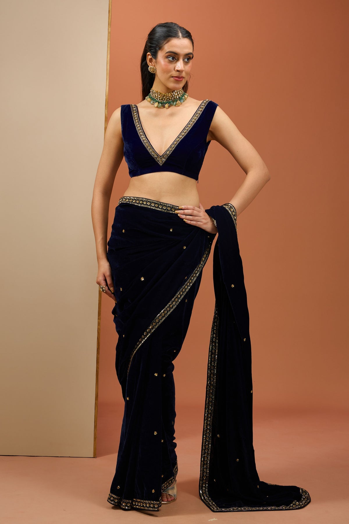 Blue Velvet Saree Set