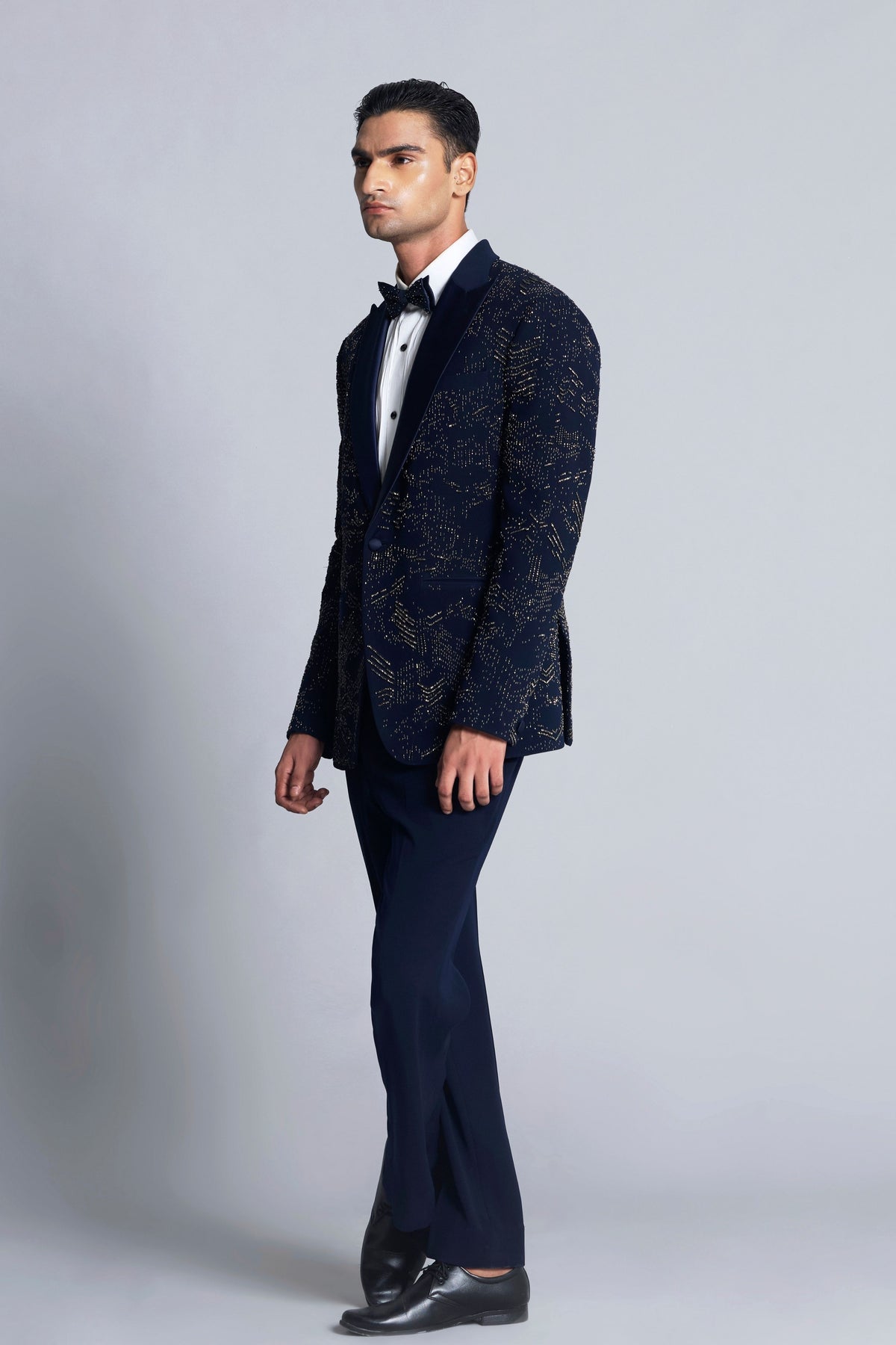 Navy Blue Sandwash Pearl Embroidered Tuxedo Set