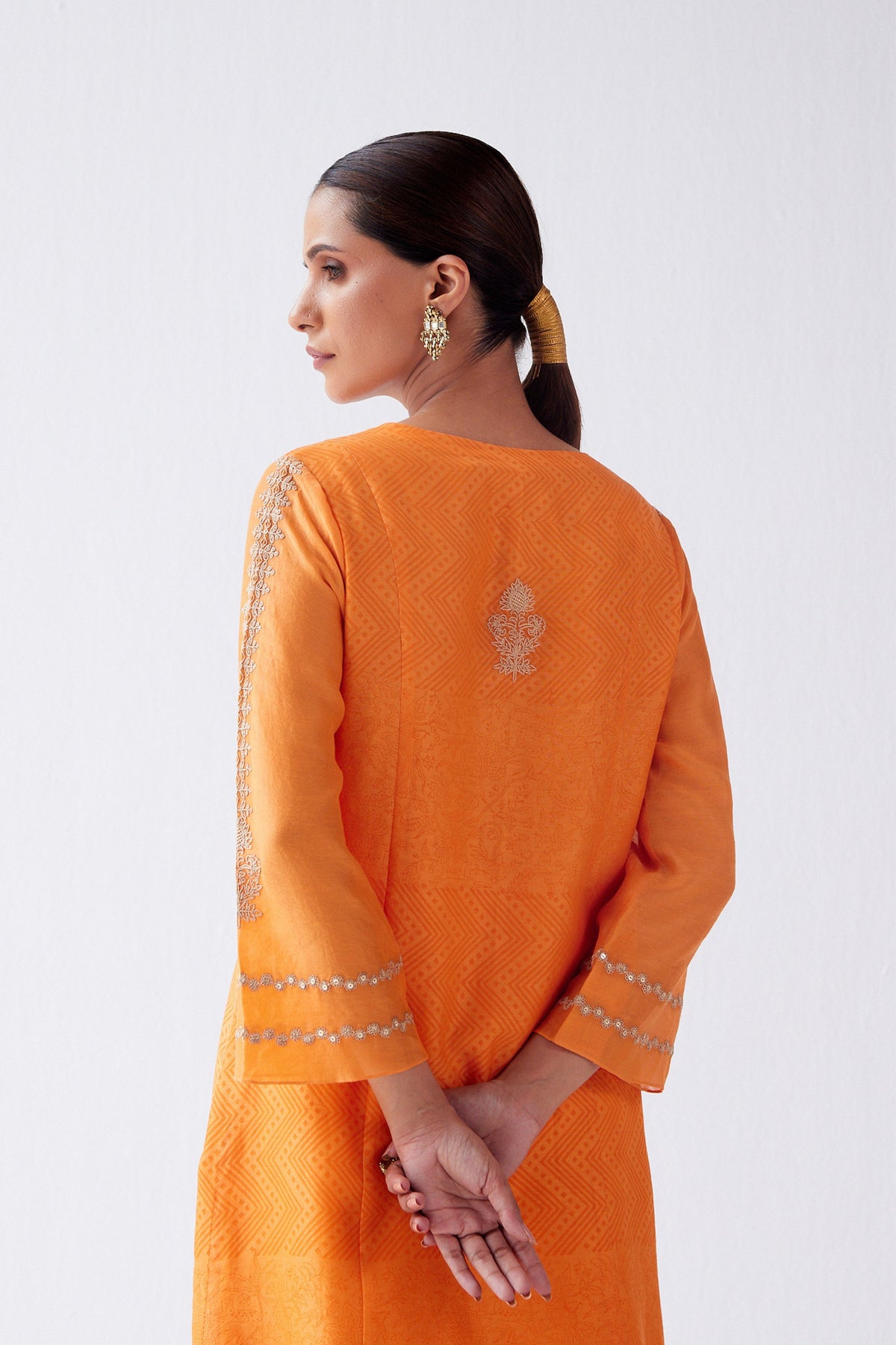 Orange Block Print Embroidered Kurta Set