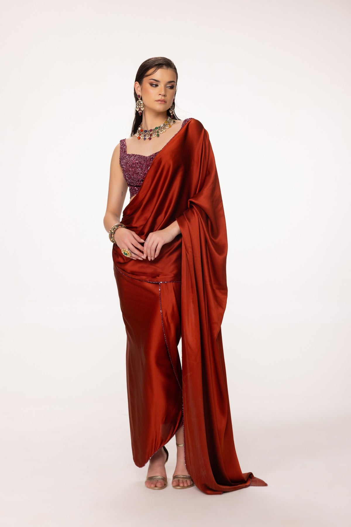 Rust Embroidered Draped Saree