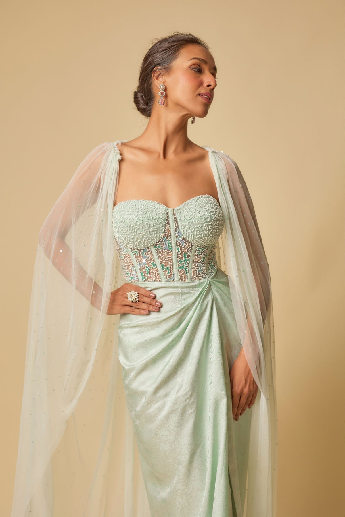 Mint Brocade Embroidered Gown Set