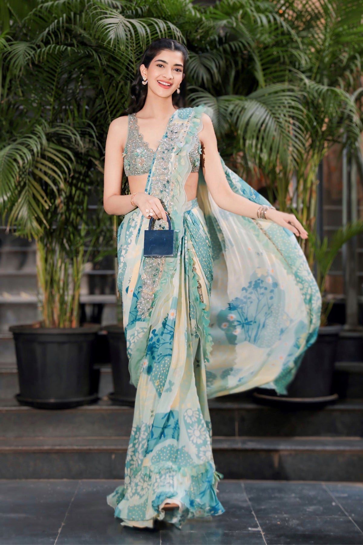 Mint Green Predraped Saree Set