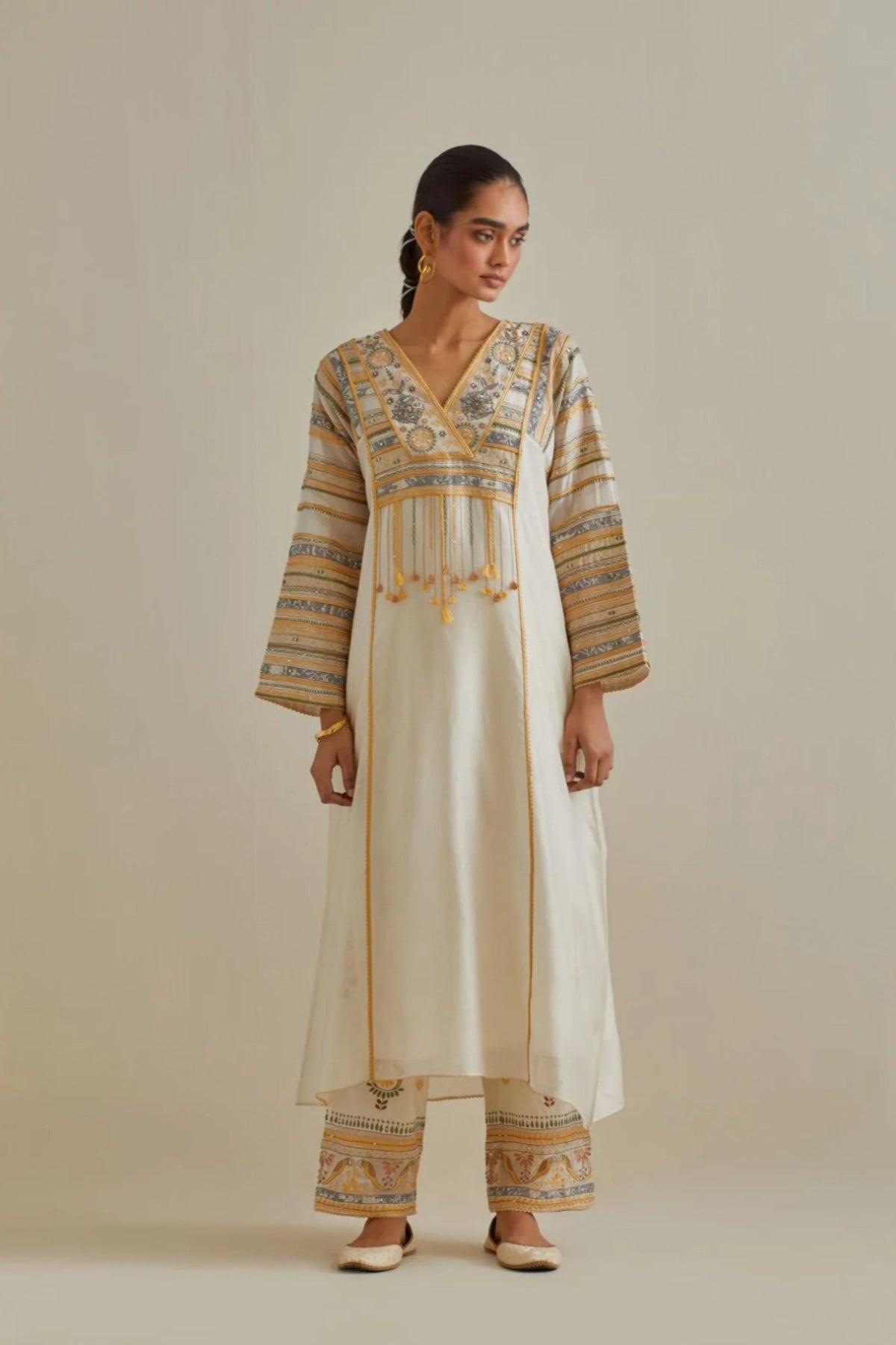 Yellow and Off White Kaftan Set