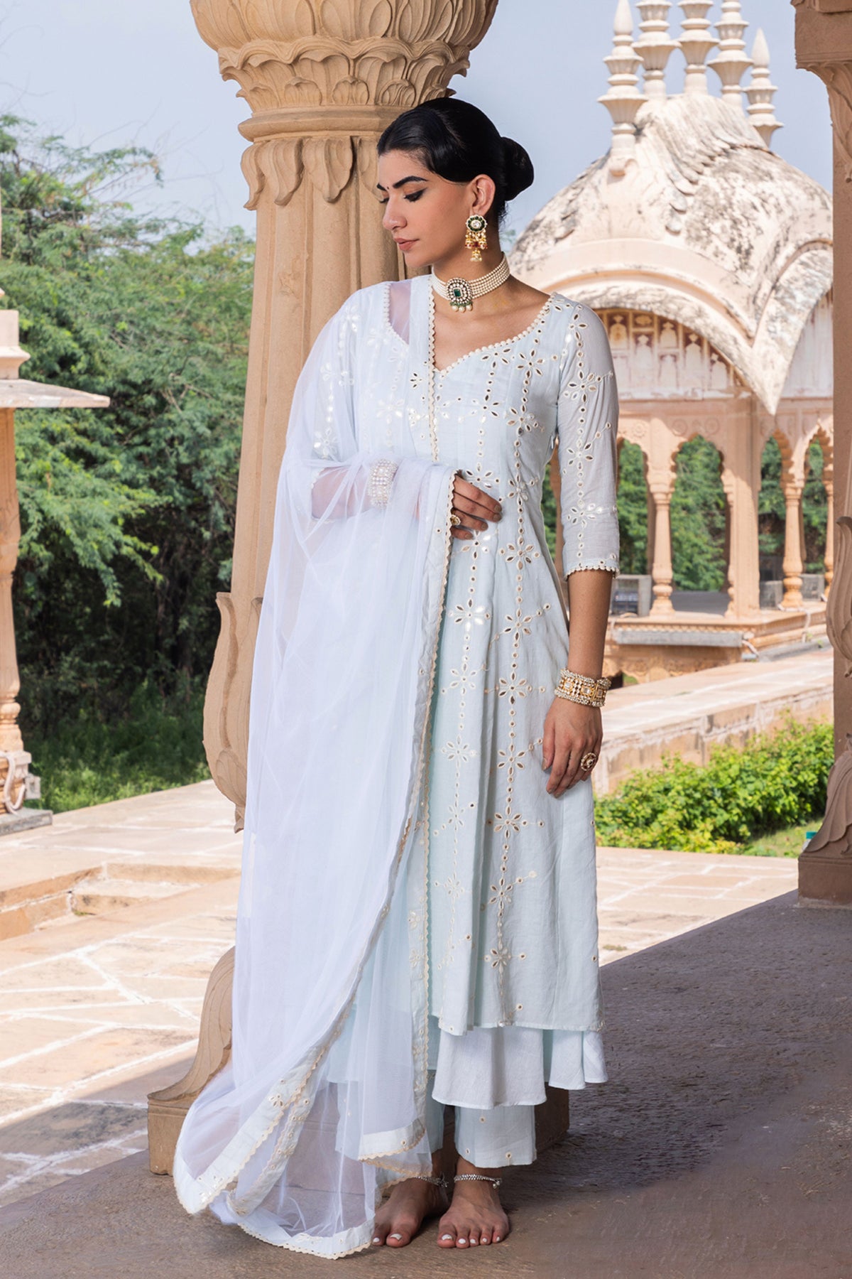 Ice Blue Flower Anarkali Set