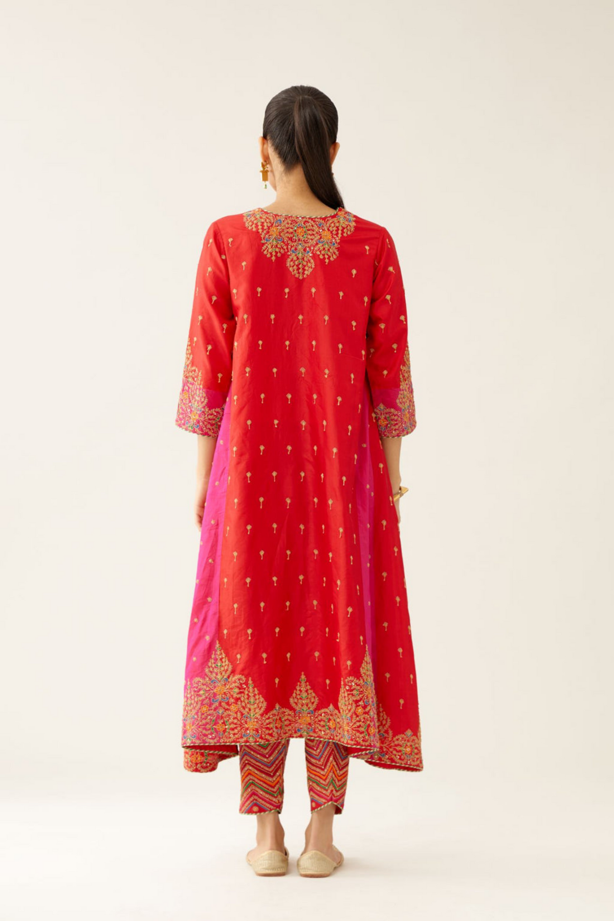 Red &amp; Fuchsia Silk Kalidar Kurta Set