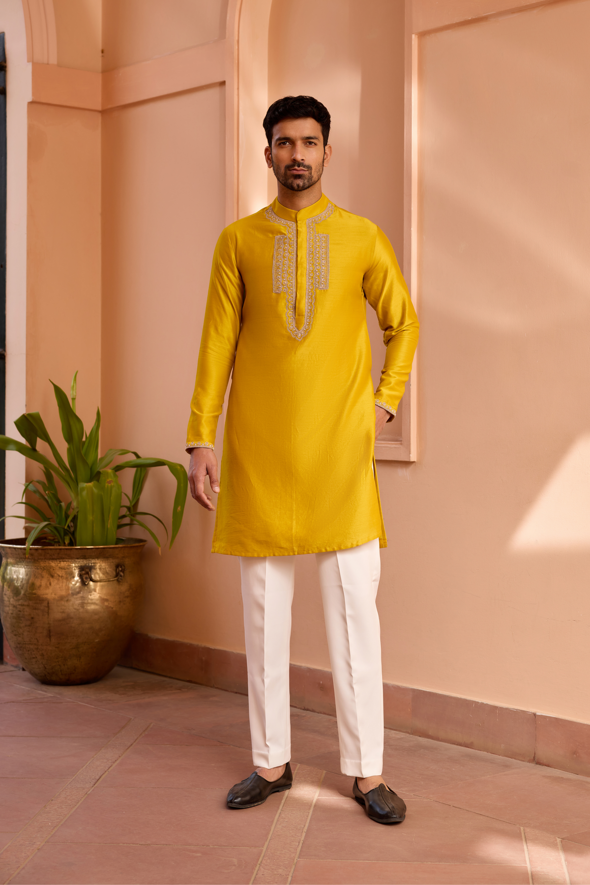 Yellow dori and hand embroidered silk kurta