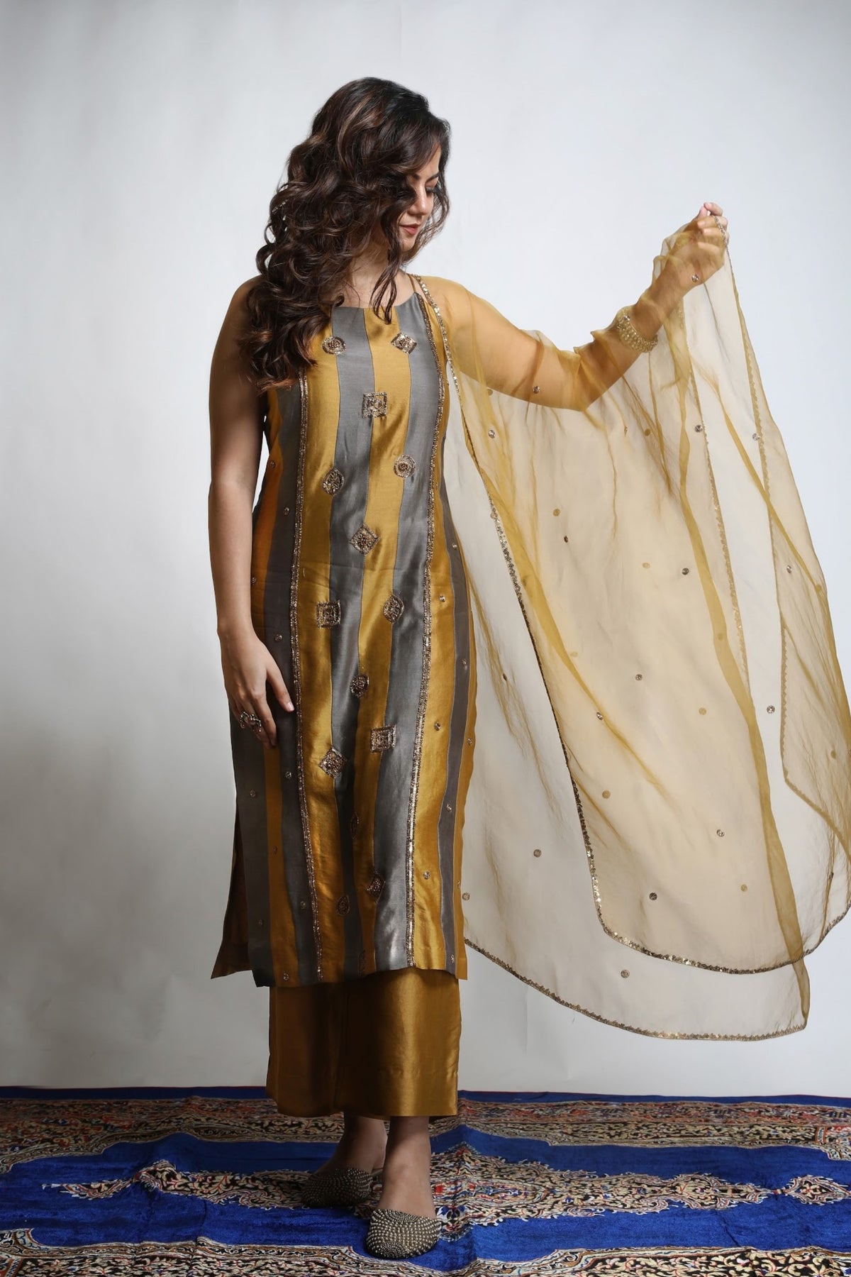 Gold &amp; Grey Embroidered Kurta Set