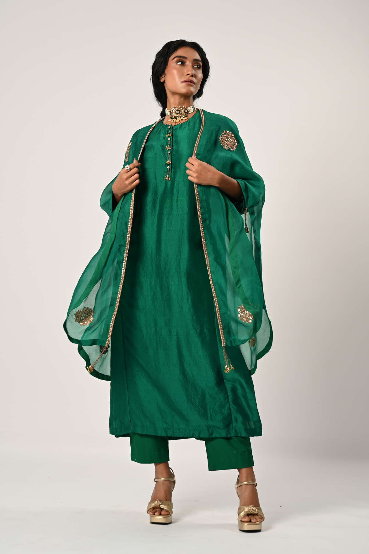 Emerald Green Kurta With Cape