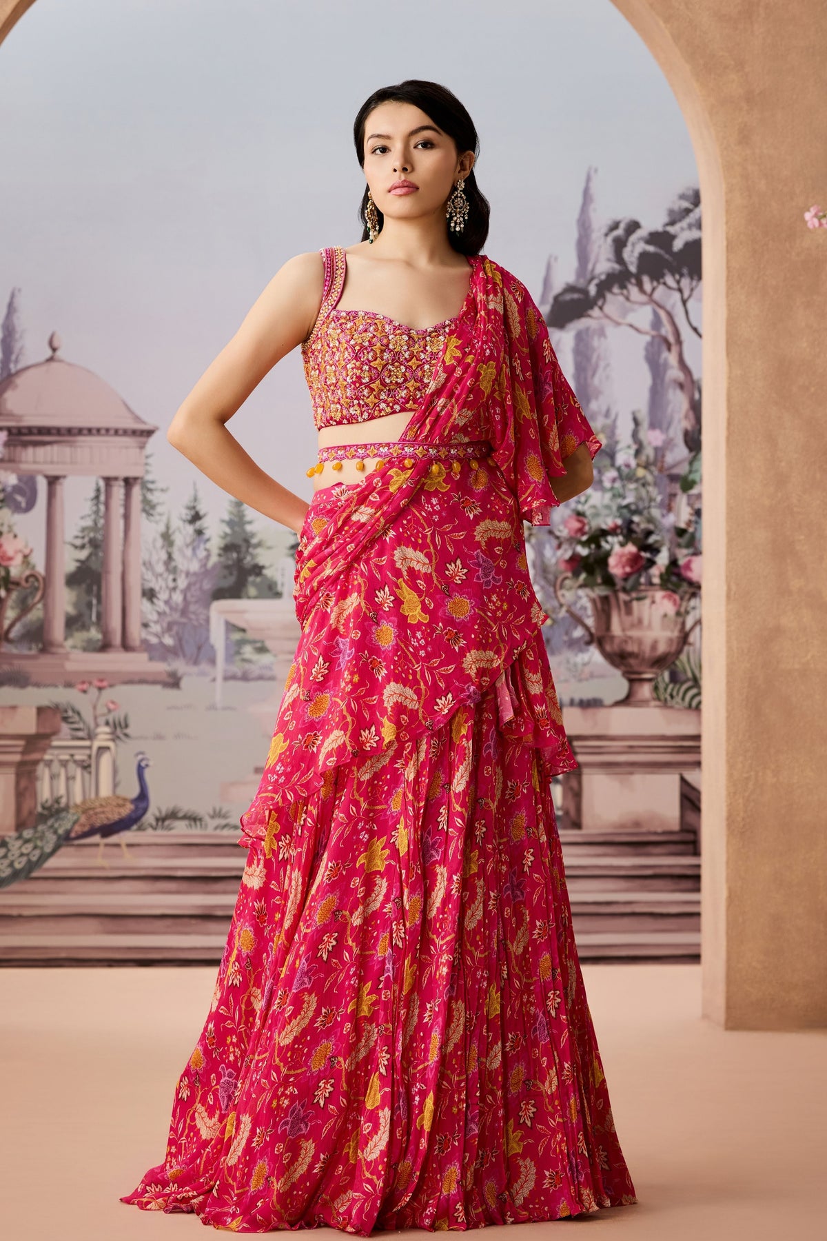 Ntu Fuschia Chintz Saree Set