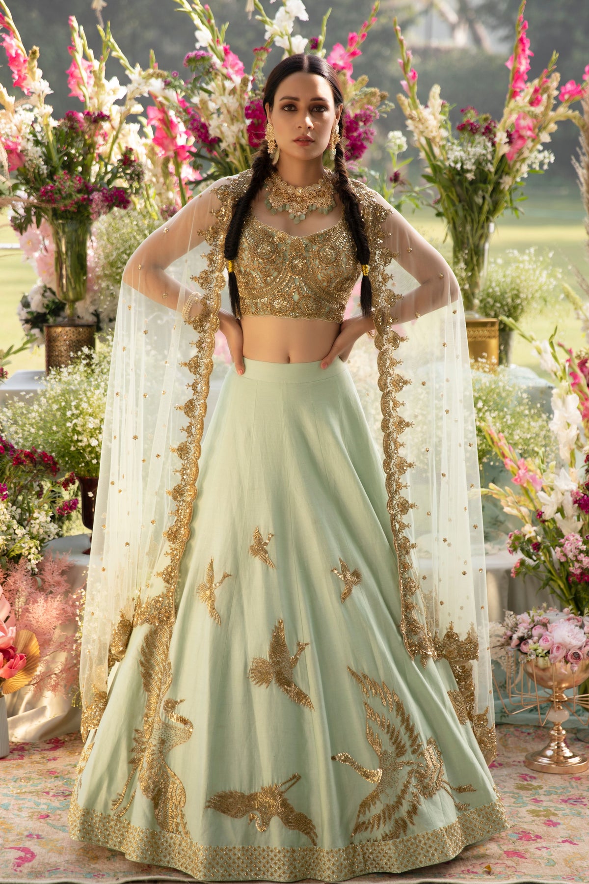 Sage Green Bird Lehenga Set