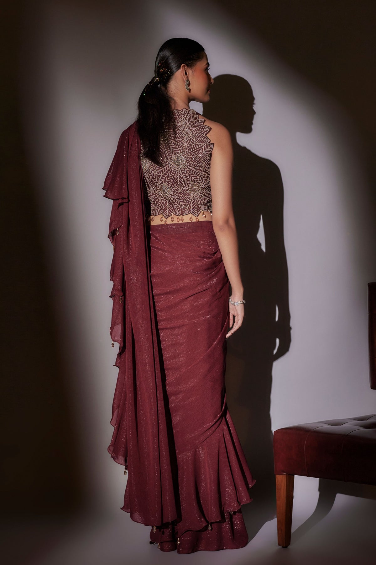 Wine Pre-Draped Frill Saree Set