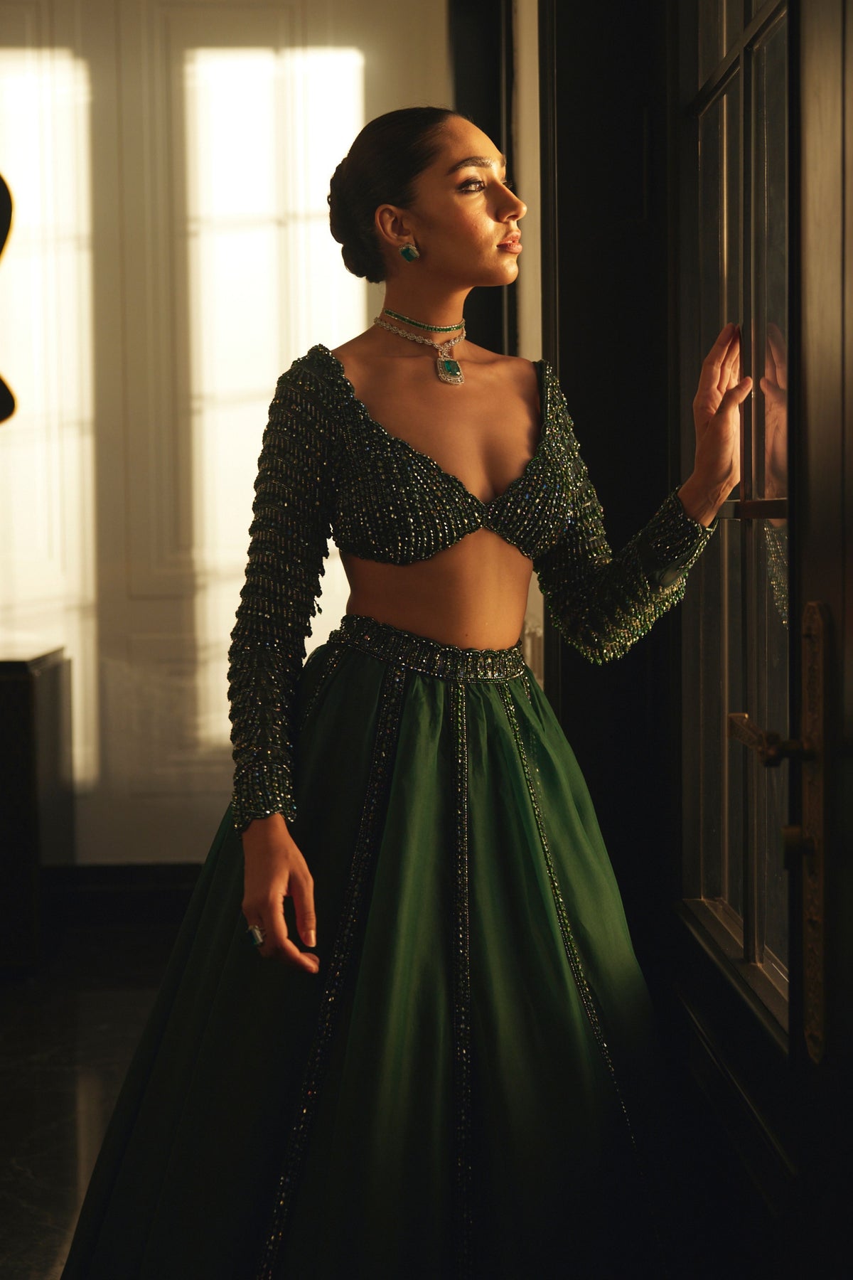 Dark Jade Green Organza Lehenga Set