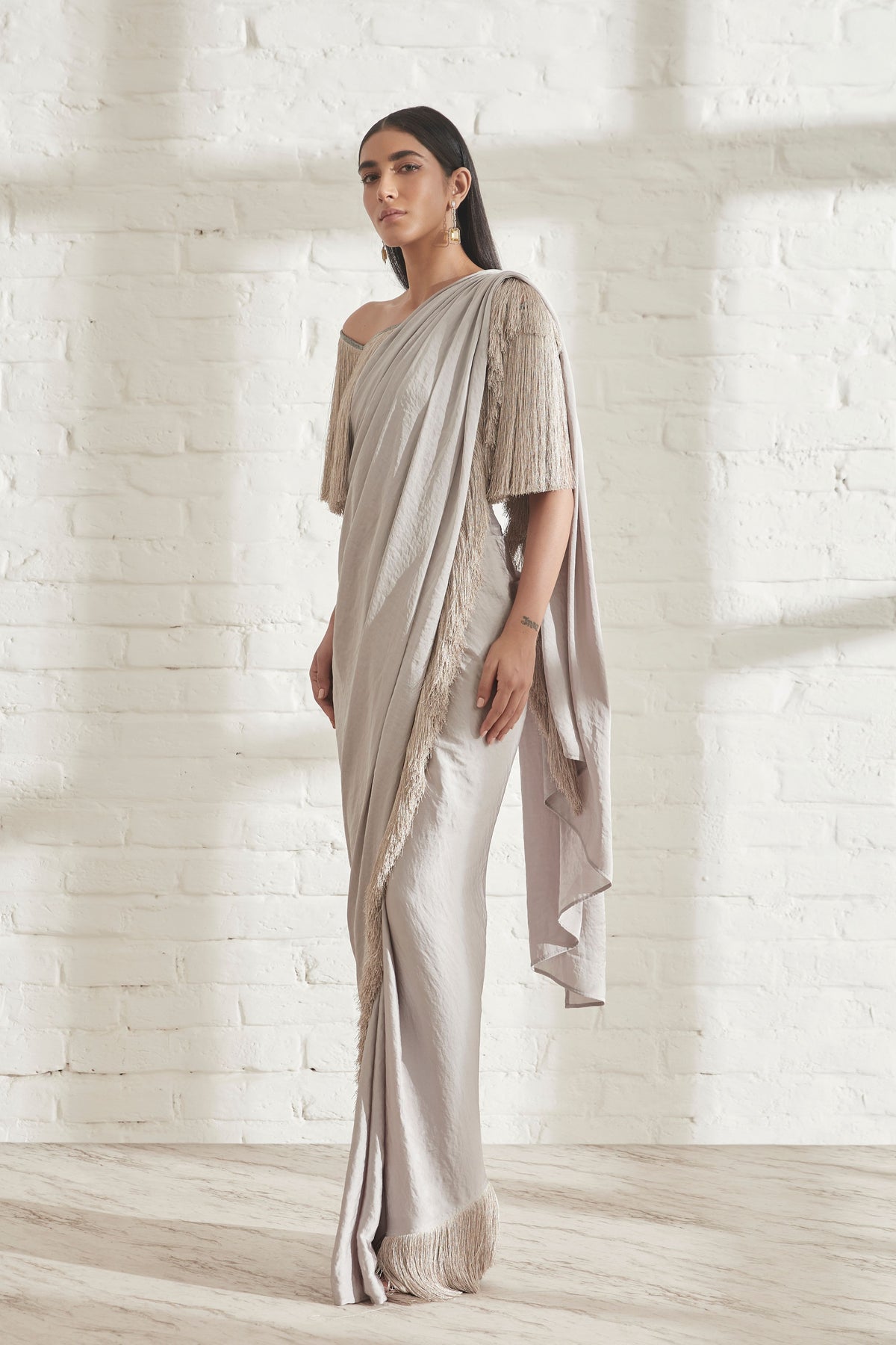 Noor Fringe Grey Sari