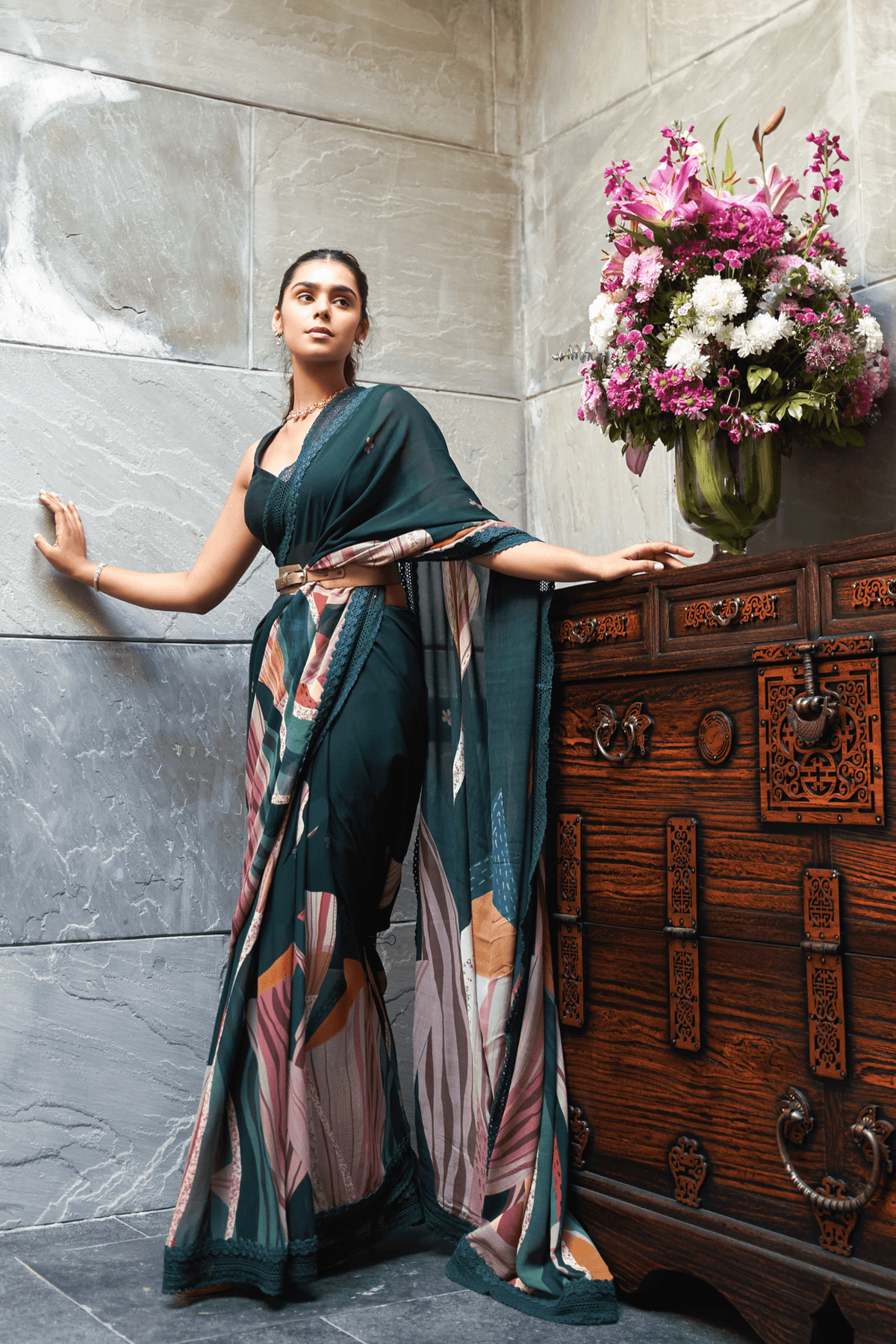 Bottle Green Abstract Print Saree With Blouse