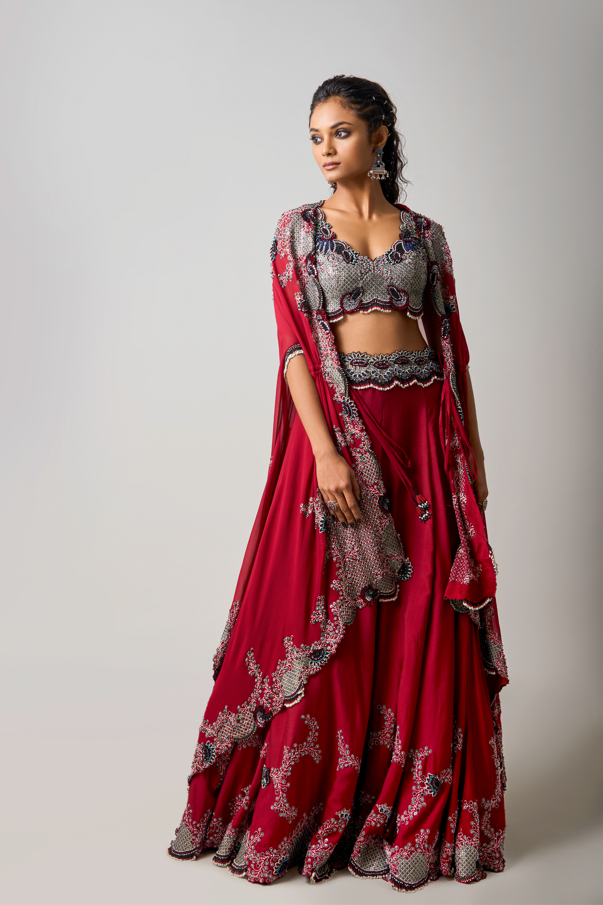 Burgundy Hand-embroidered Cape Set