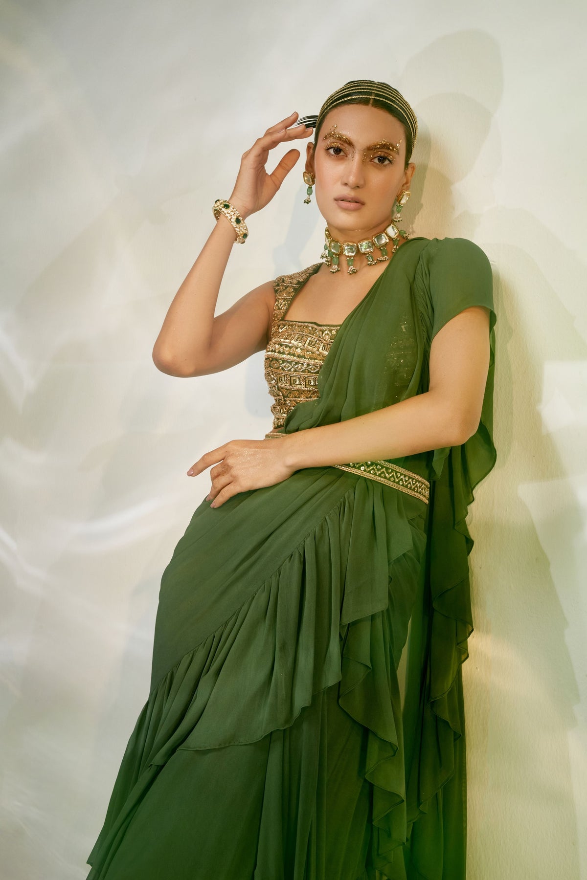 Green Ruffle Drape Saree