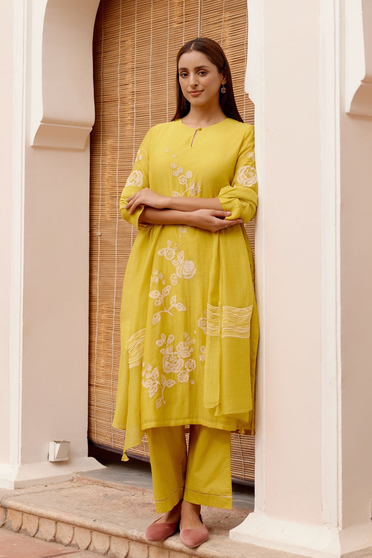 Citrine Floral Applique  Kurta Set