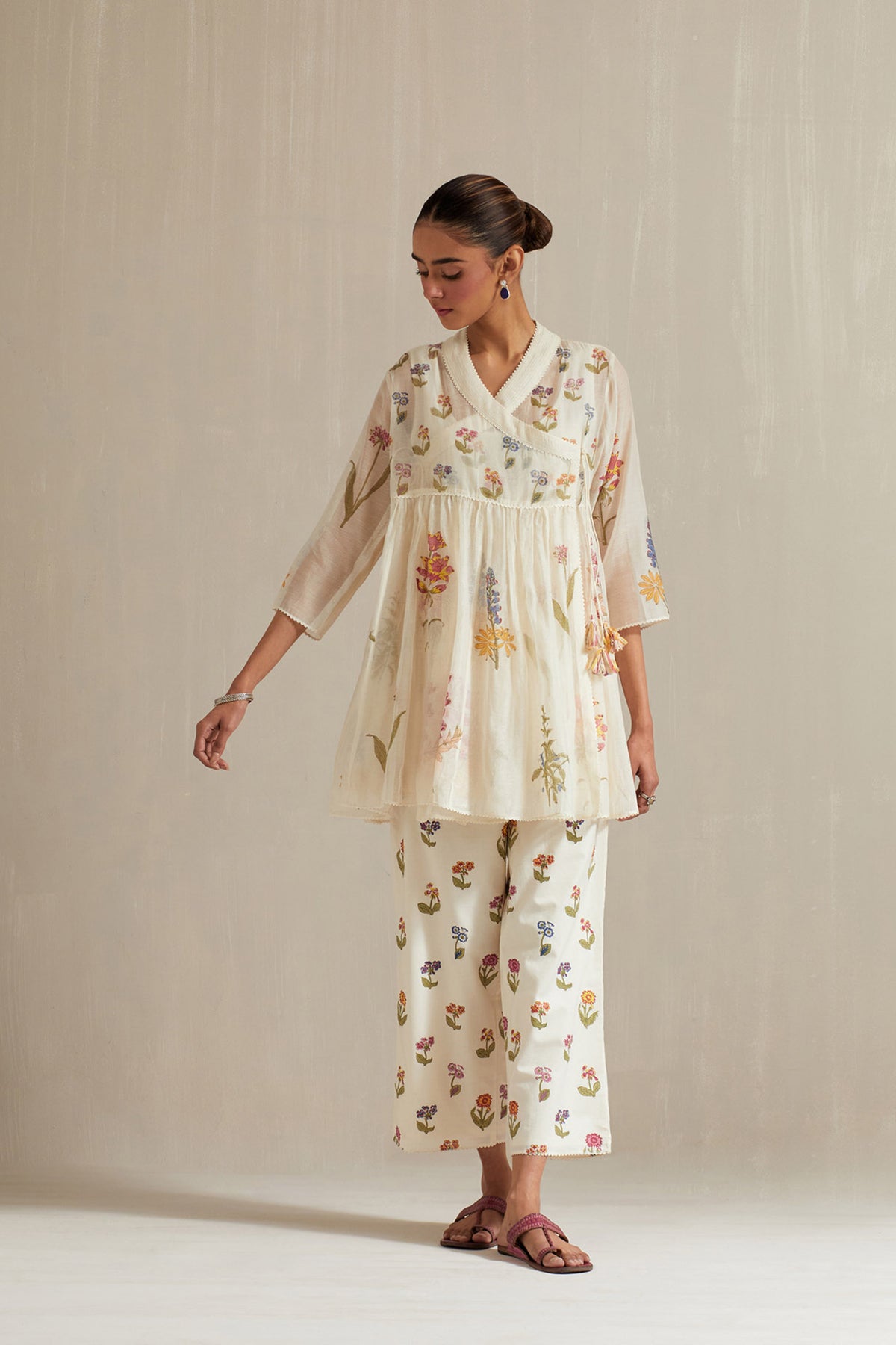 Off white short angrakha kurta set