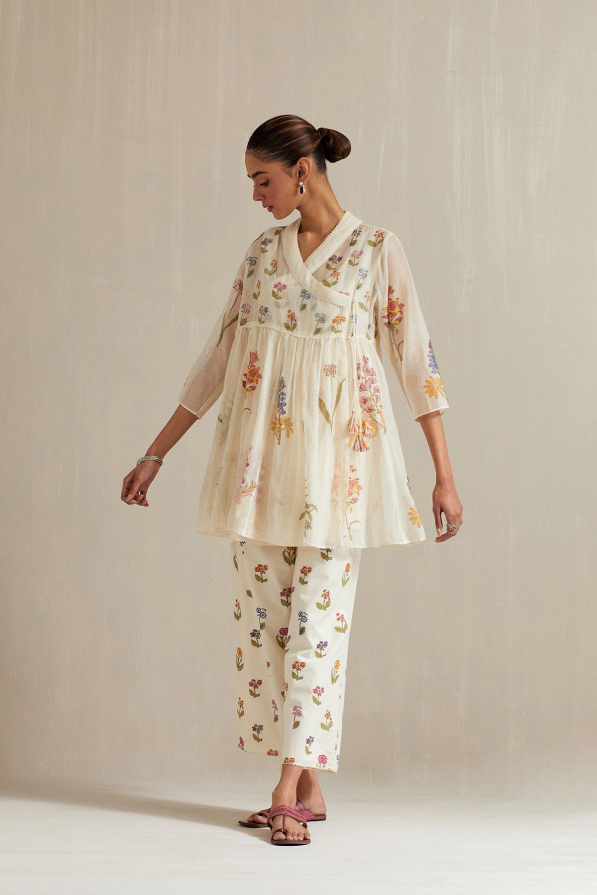 Off white short angrakha kurta set