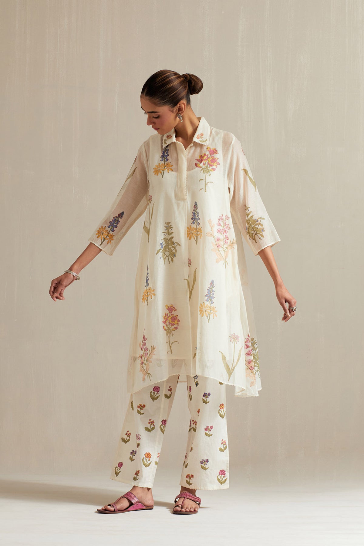 Off white hand block printed short kurta set