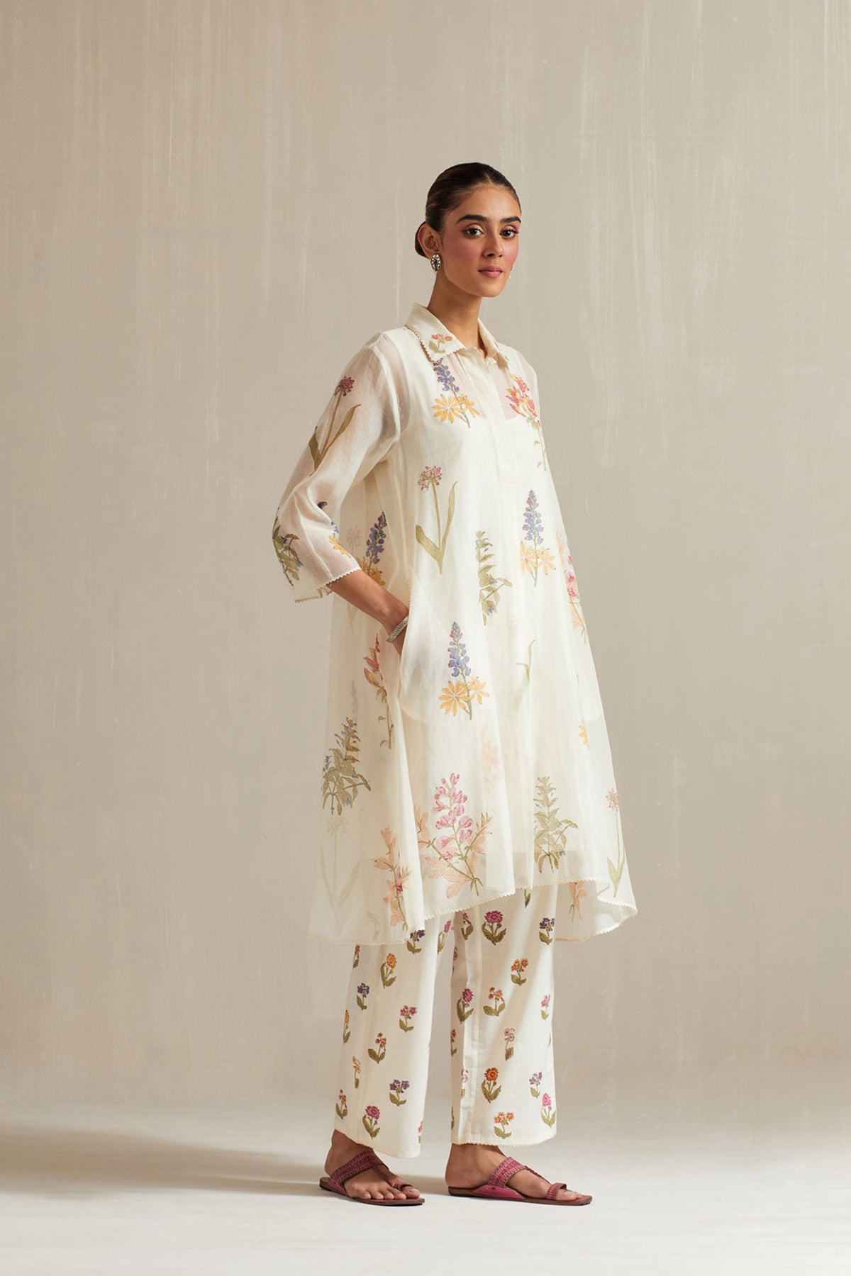 Off white hand block printed short kurta set