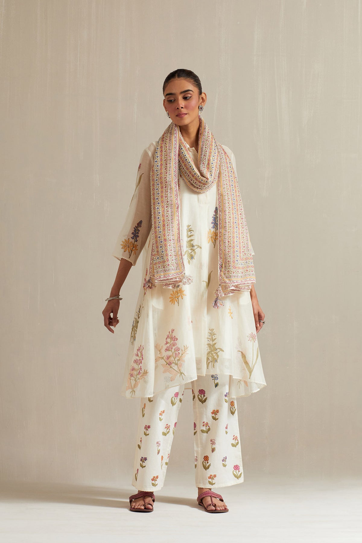 Off white hand block printed short kurta set