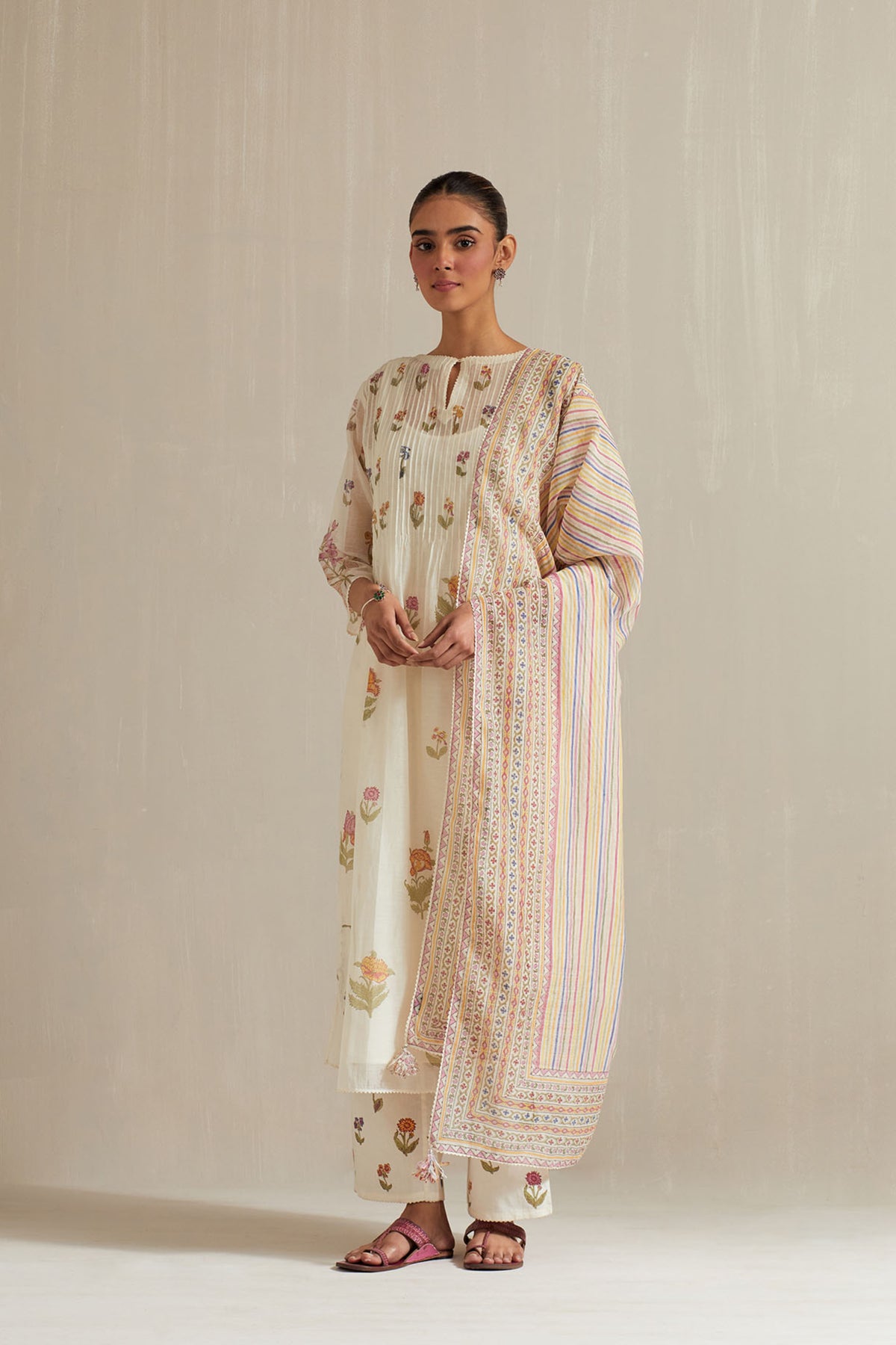 Off white cotton chanderi hand block printed kurta set