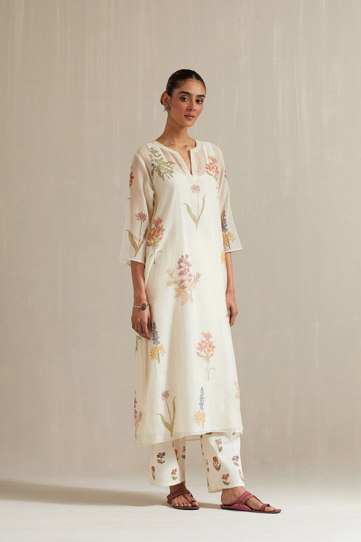 Off-white cotton chanderi hand block printed kurta set