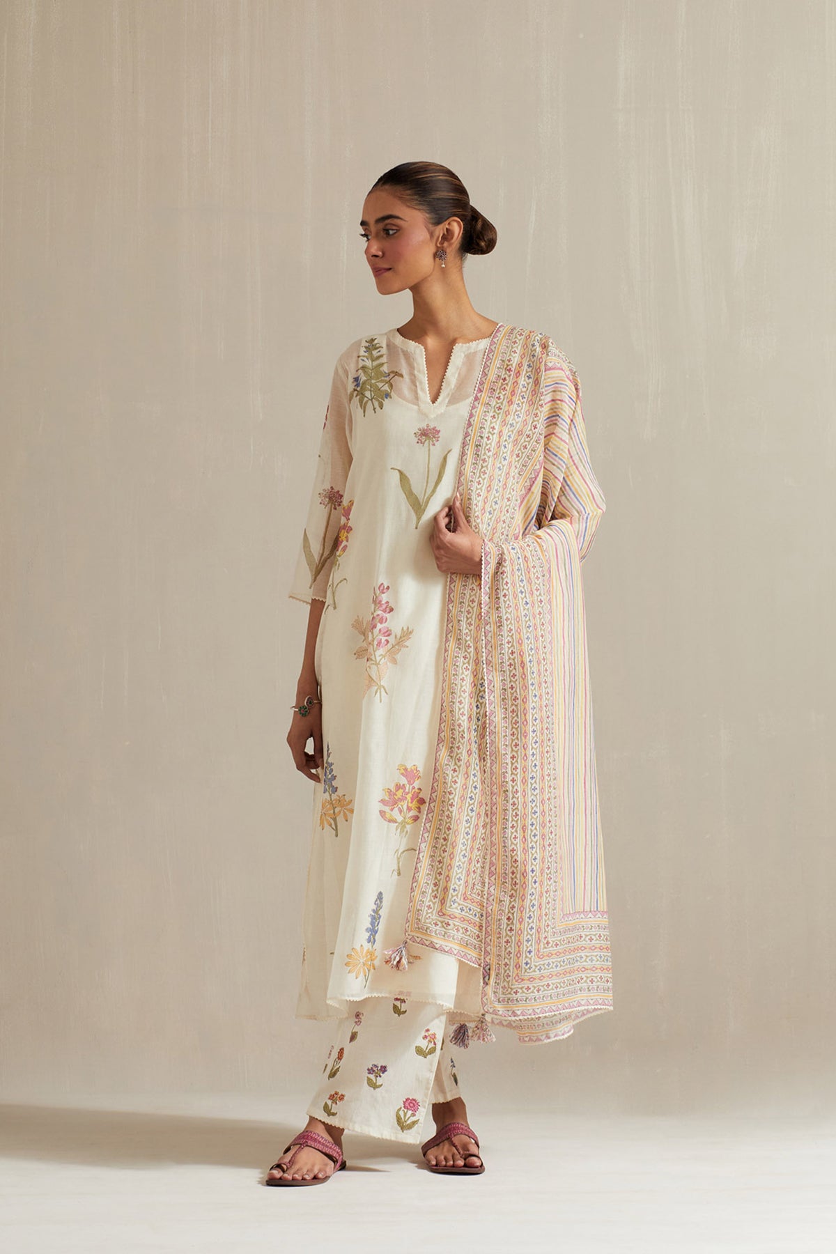 Off-white cotton chanderi hand block printed kurta set