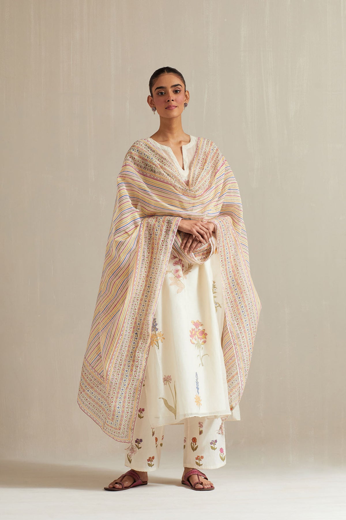 Off-white cotton chanderi hand block printed kurta set