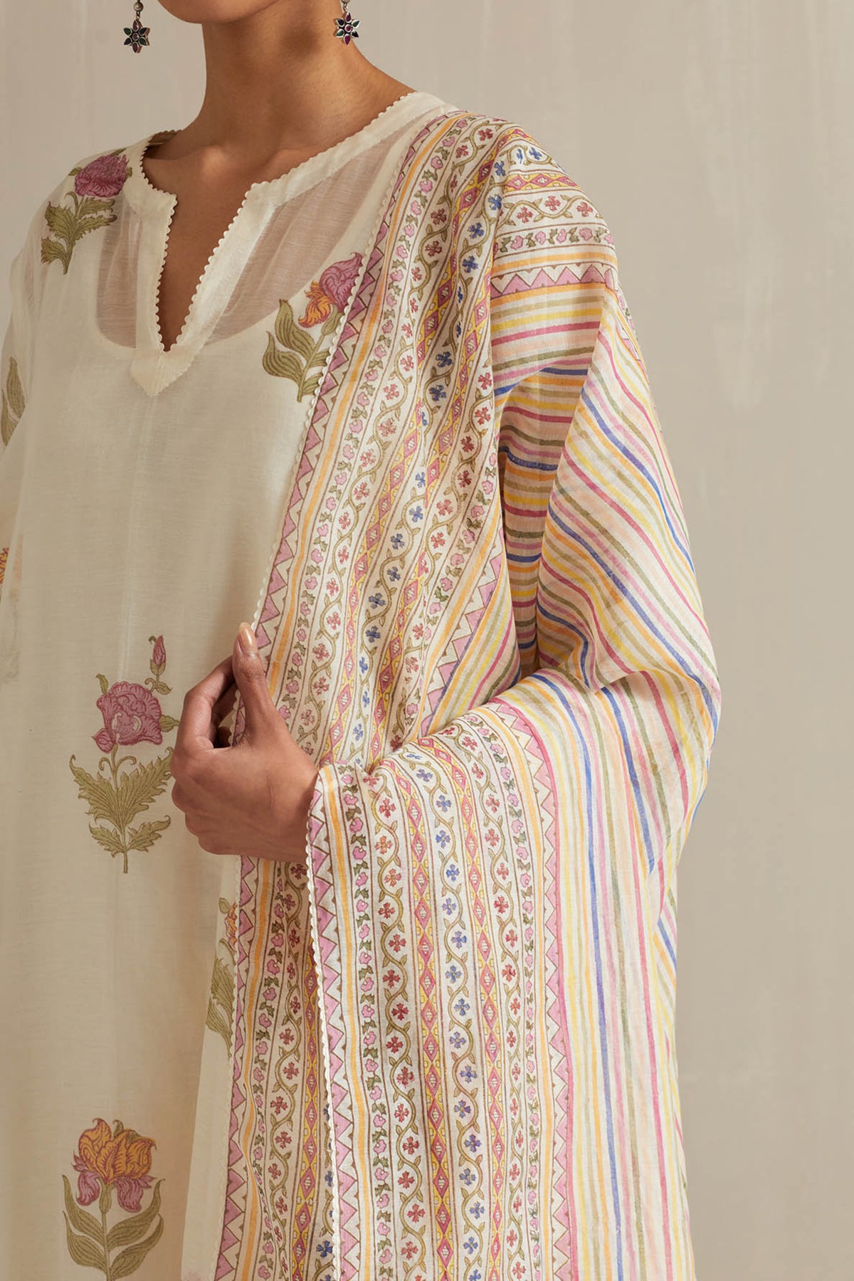 Off white block printed kurta set