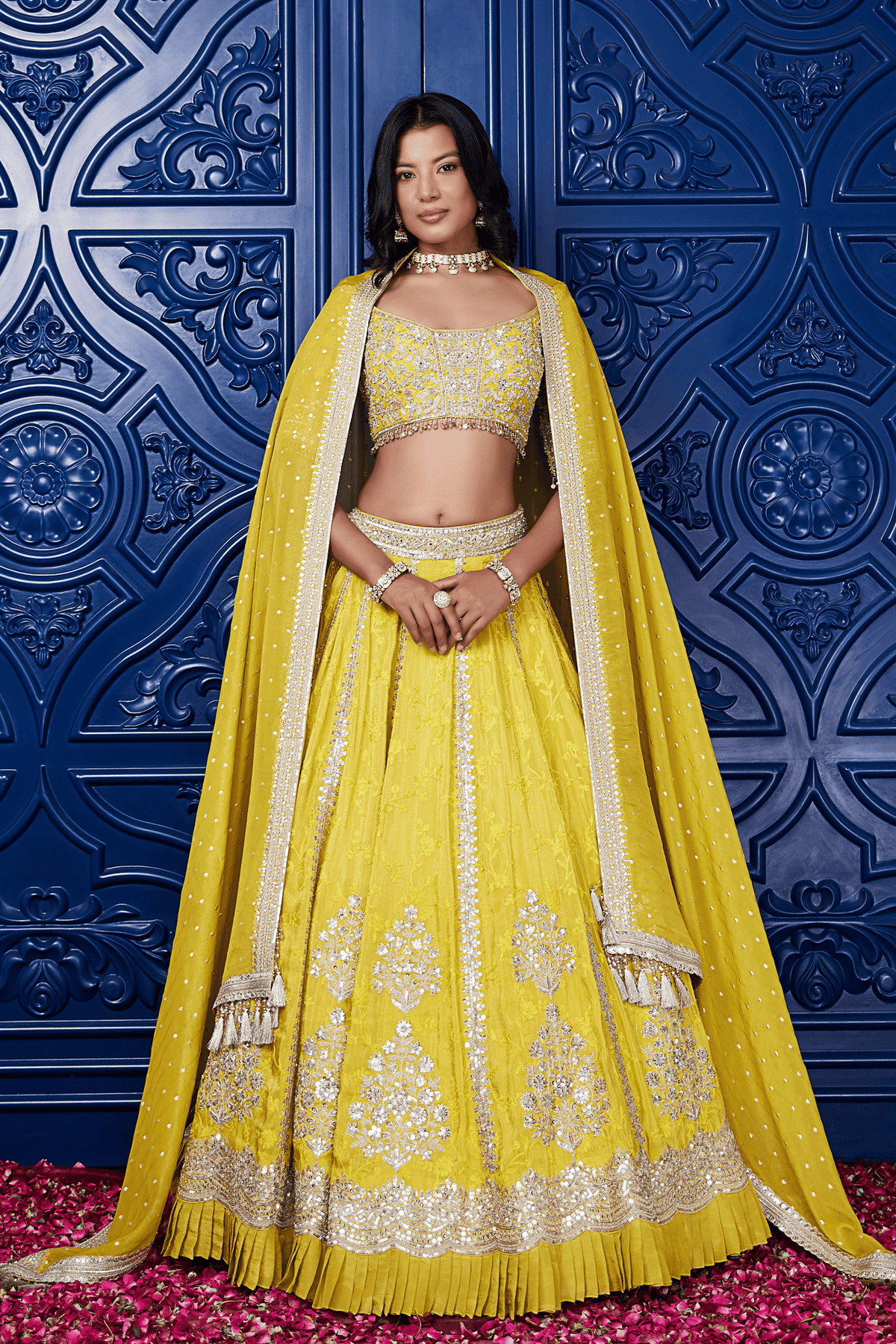 Yellow Silk Embroidered Lehenga Set