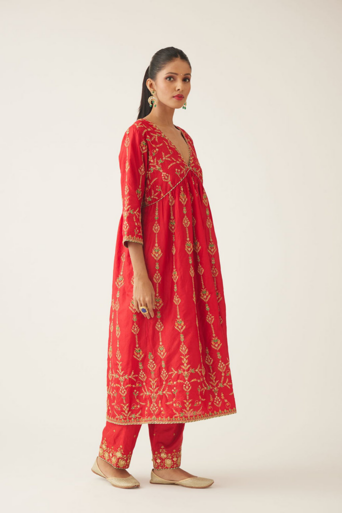 Red Silk Embroiderd Kurta Set