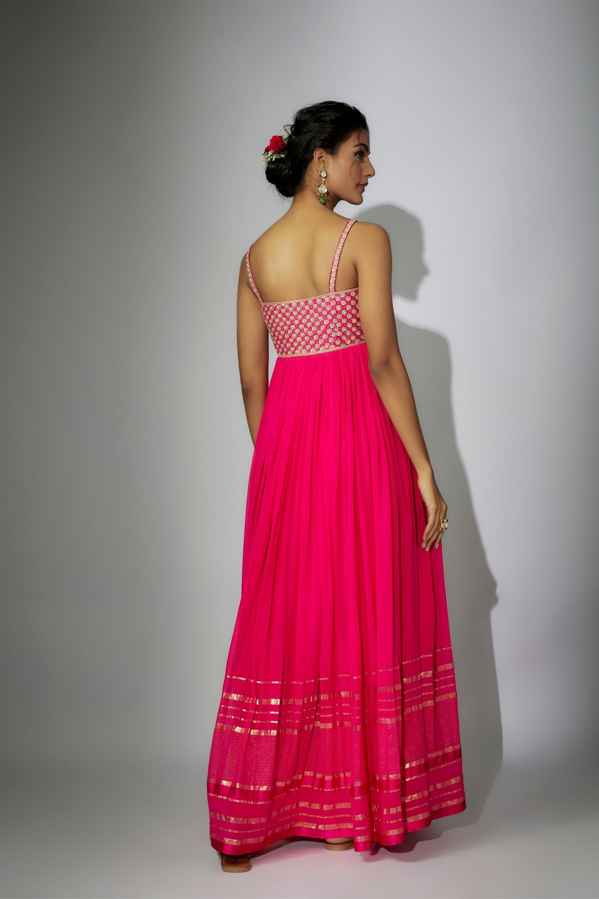 Hot Pink Off- Shoulder Gown With Dupatta