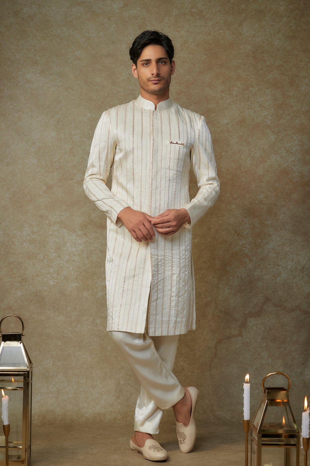 Butter Yellow Embroidered Sherwani Set