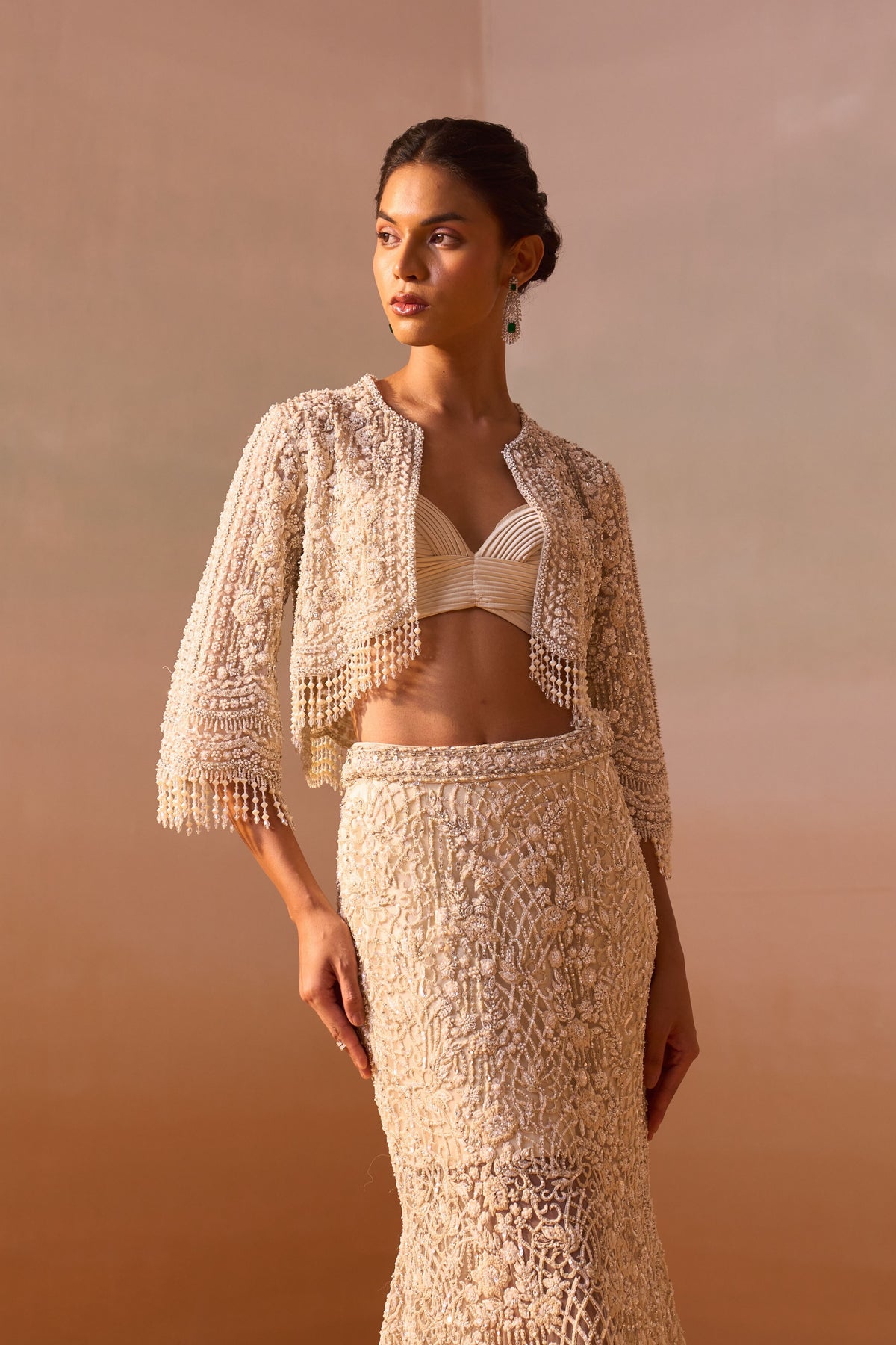 Ivory Trail Skirt With Pleated Croptop and Veil