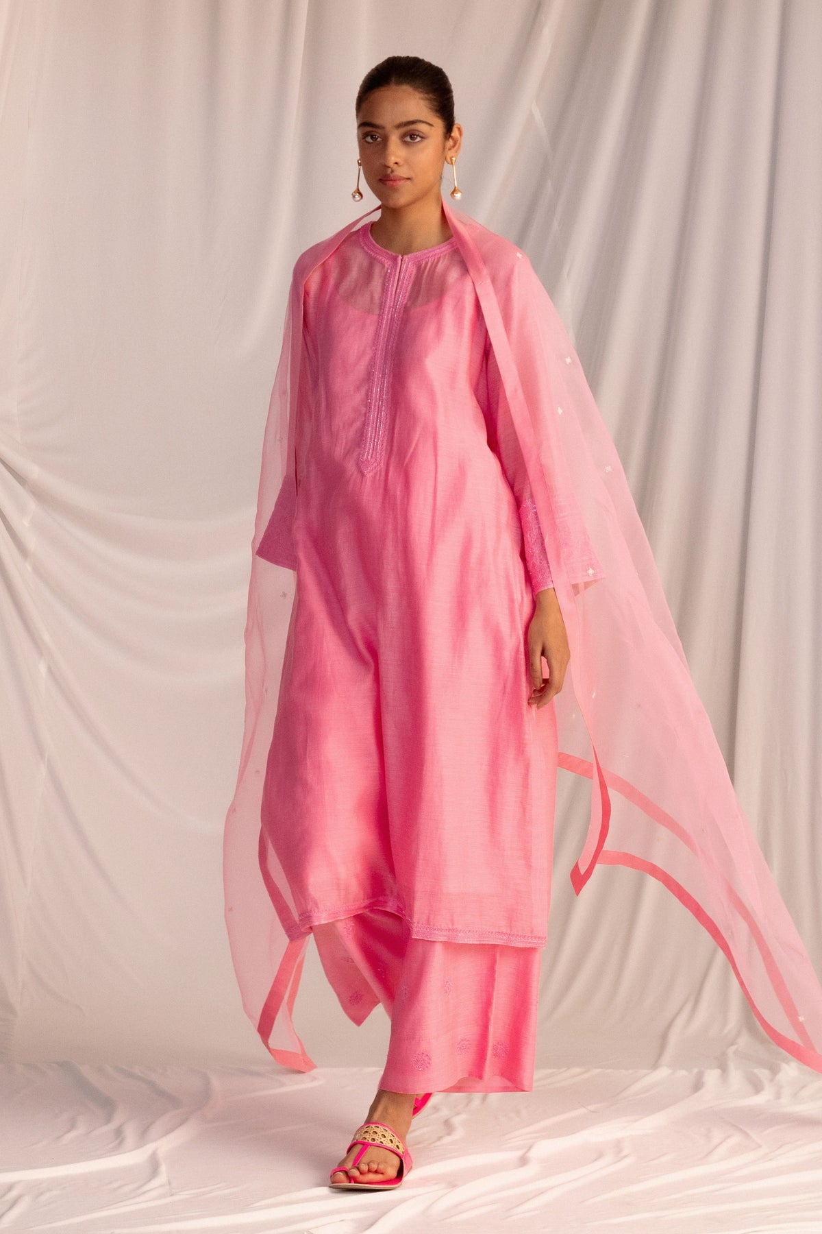 Pink Silk Embroidered Tunic Set