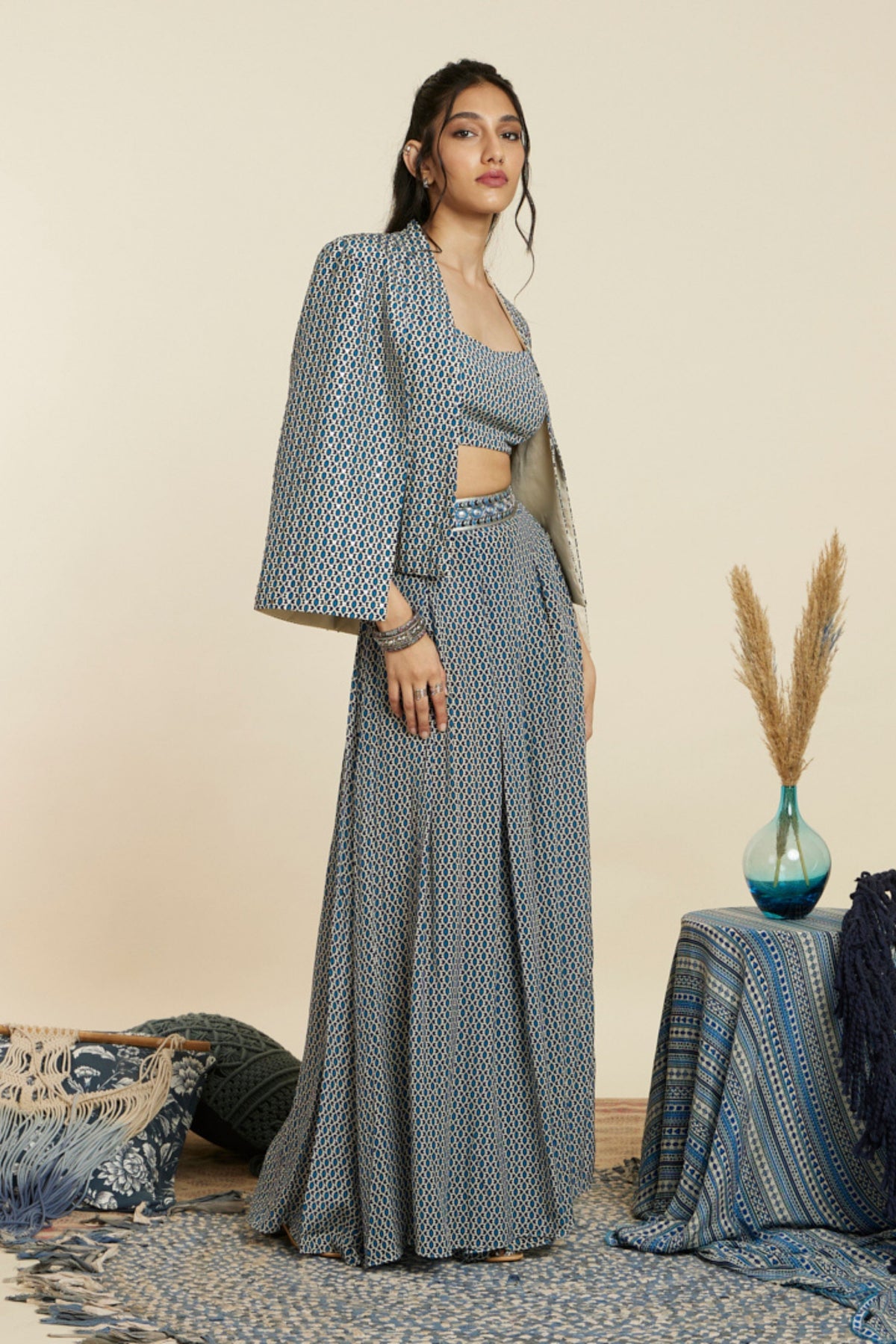 Blue Geo Print Noor Jacket Set