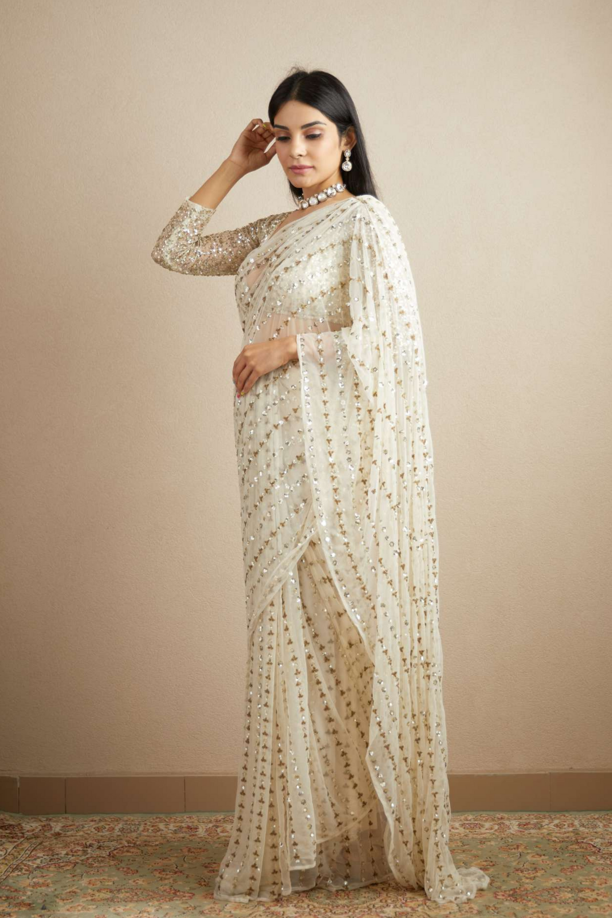 Off White Sequence and Beads Saree