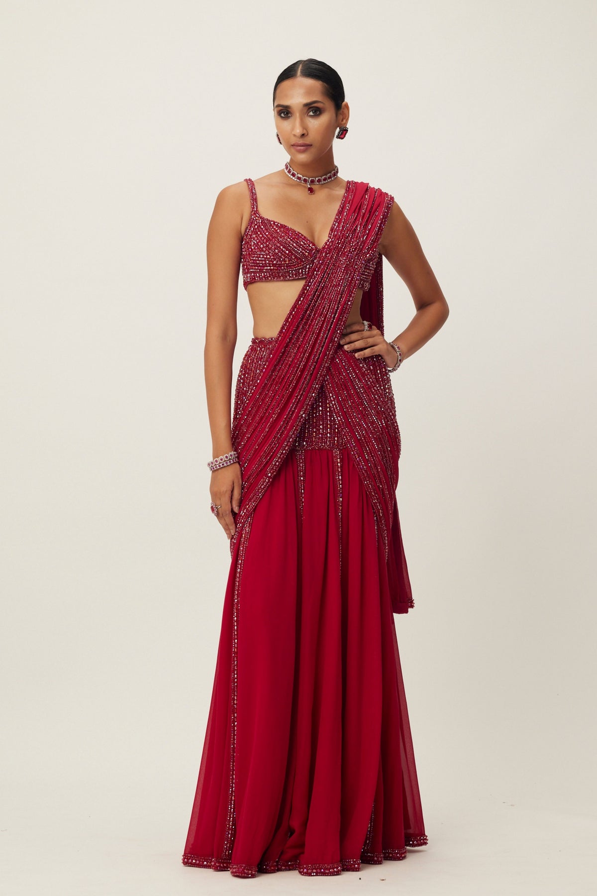 Ruby Red Pre Draped Saree Set