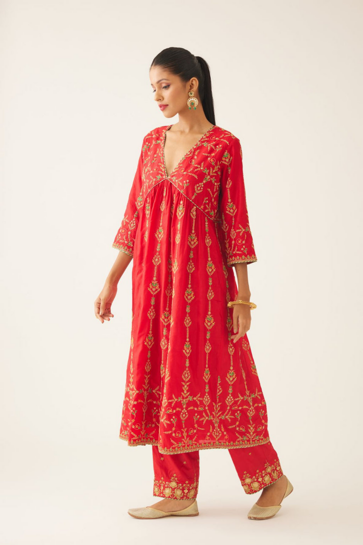 Red Silk Embroiderd Kurta Set